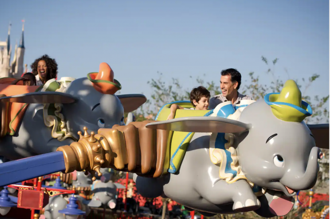 pasažieri na koni dumbo na lietajúcom slonovi v parku Walt Disney World's Magic Kingdom